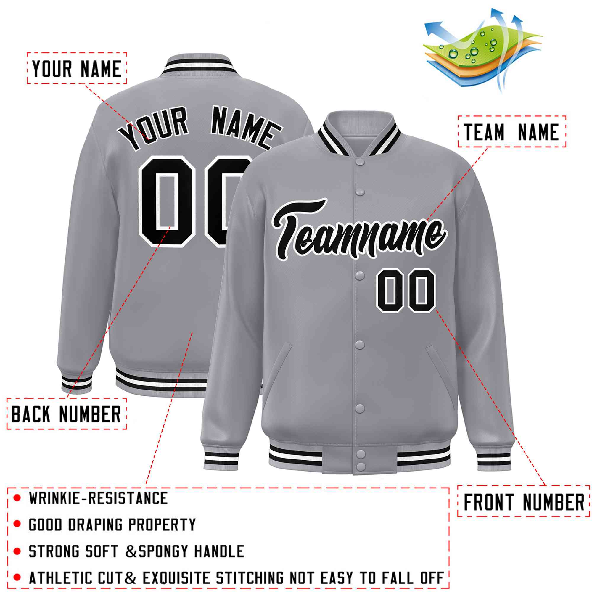 Custom Gray Black-White Classic Style Varsity Full-Snap Letterman Jacket