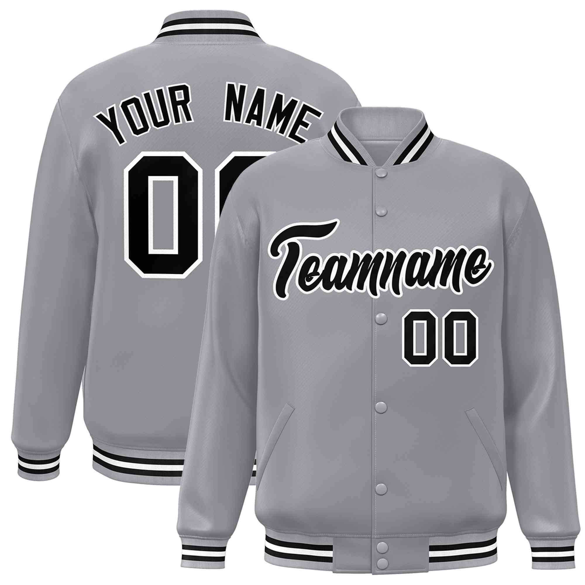 Custom Gray Black-White Classic Style Varsity Full-Snap Letterman Jacket