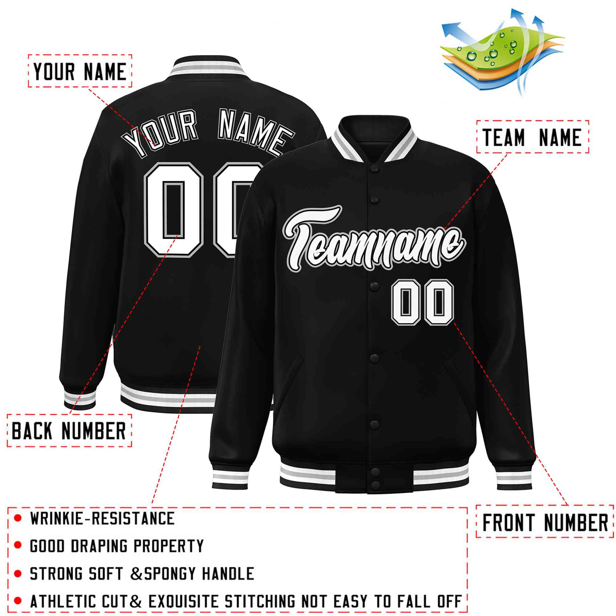 Custom Black White-Black Classic Style Varsity Full-Snap Letterman Jacket