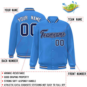 Custom Powder Blue Navy-White Classic Style Varsity Full-Snap Letterman Jacket