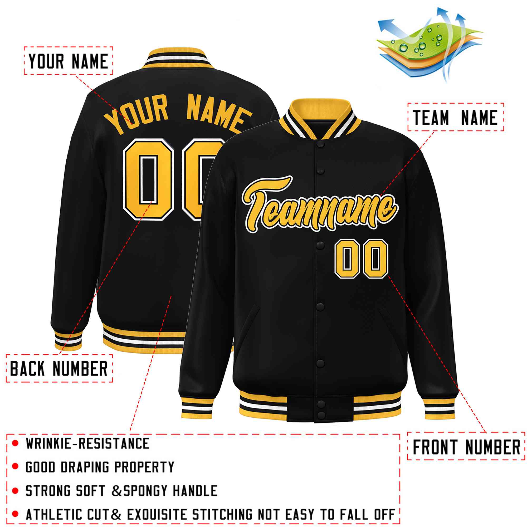 Custom Black Gold-Black Classic Style Varsity Full-Snap Letterman Jacket