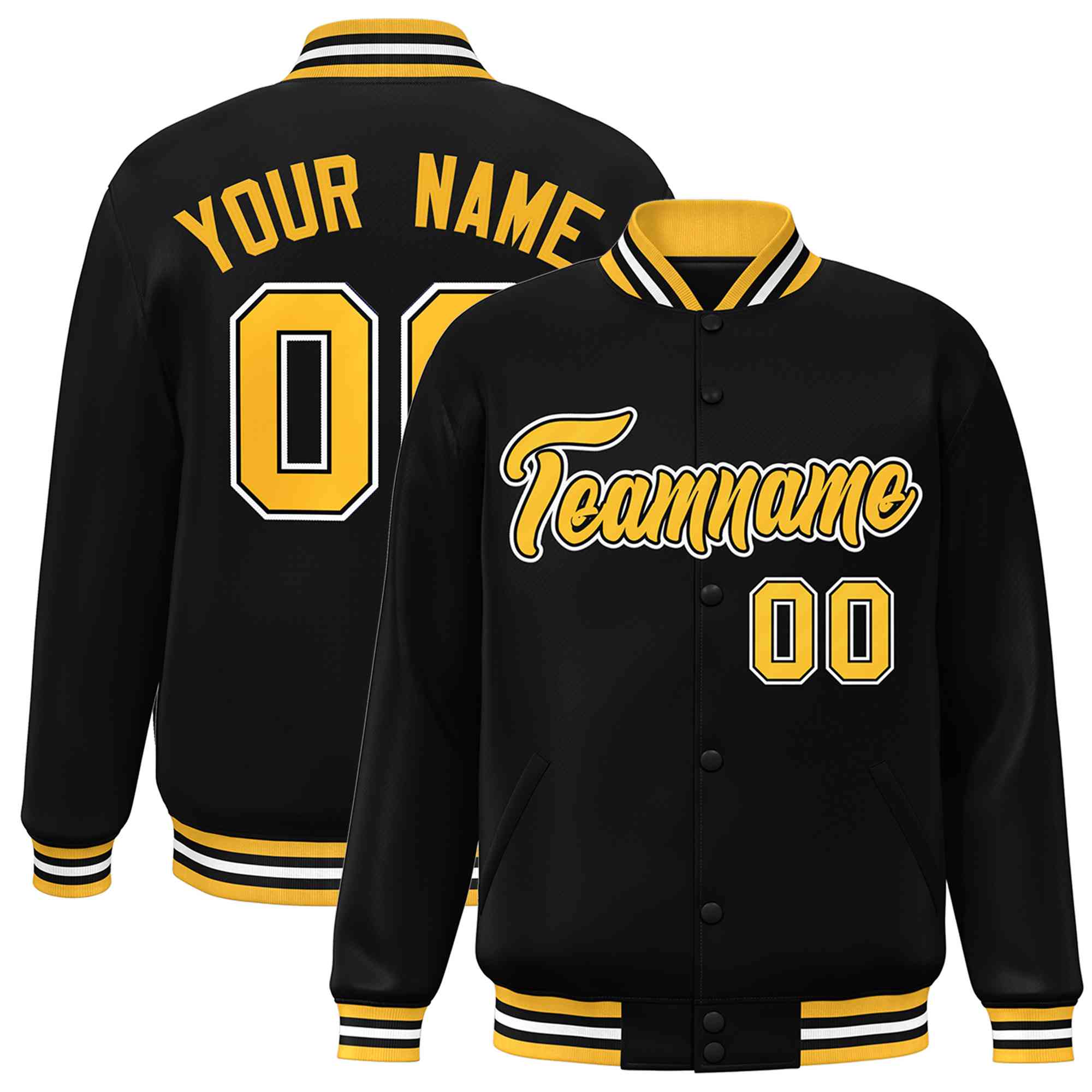 Custom Black Gold-Black Classic Style Varsity Full-Snap Letterman Jacket