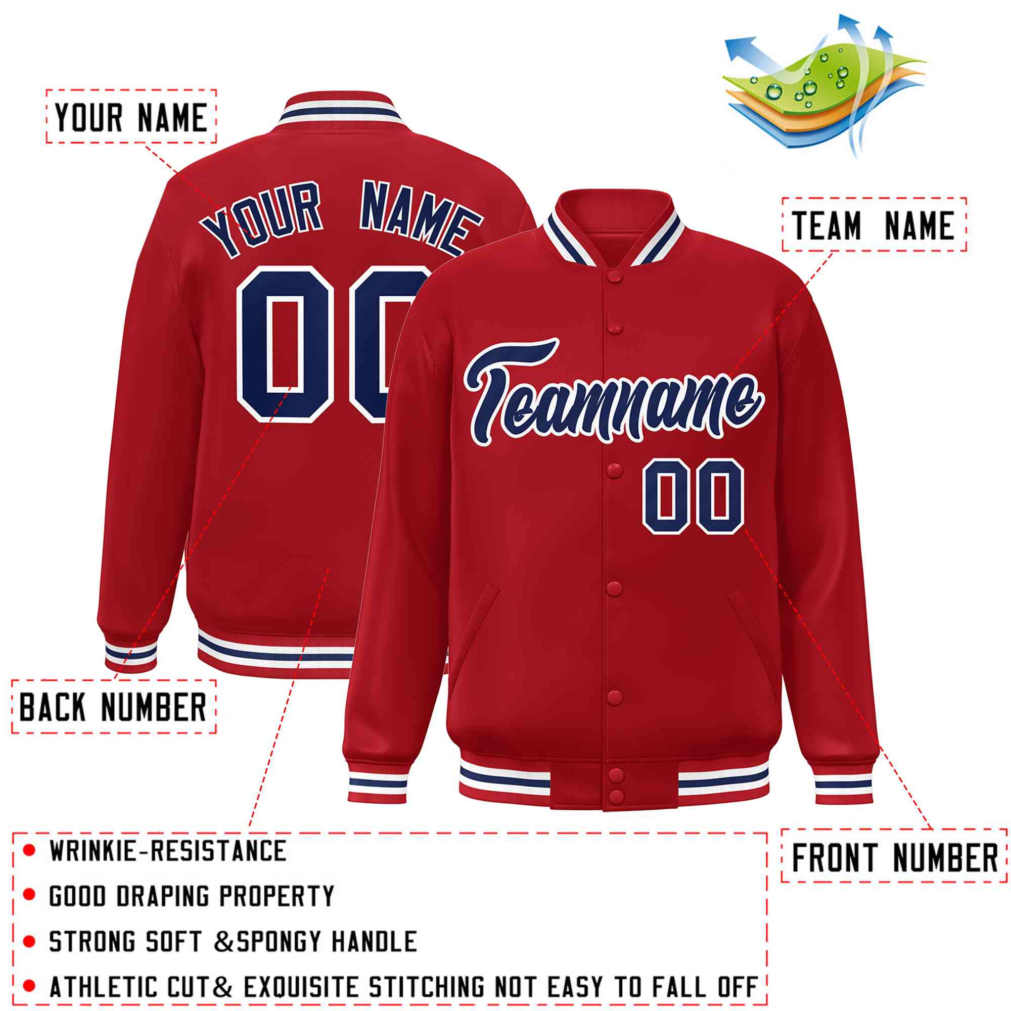 Custom Red Navy-White Classic Style Varsity Full-Snap Letterman Jacket