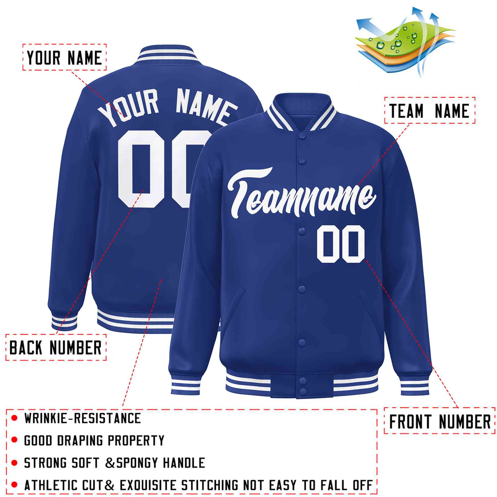 Custom Royal White Classic Style Varsity Full-Snap Letterman Jacket