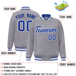 Custom Gray Royal-White Classic Style Varsity Full-Snap Letterman Jacket