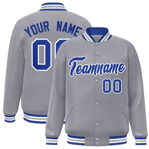 Custom Gray Royal-White Classic Style Varsity Full-Snap Letterman Jacket