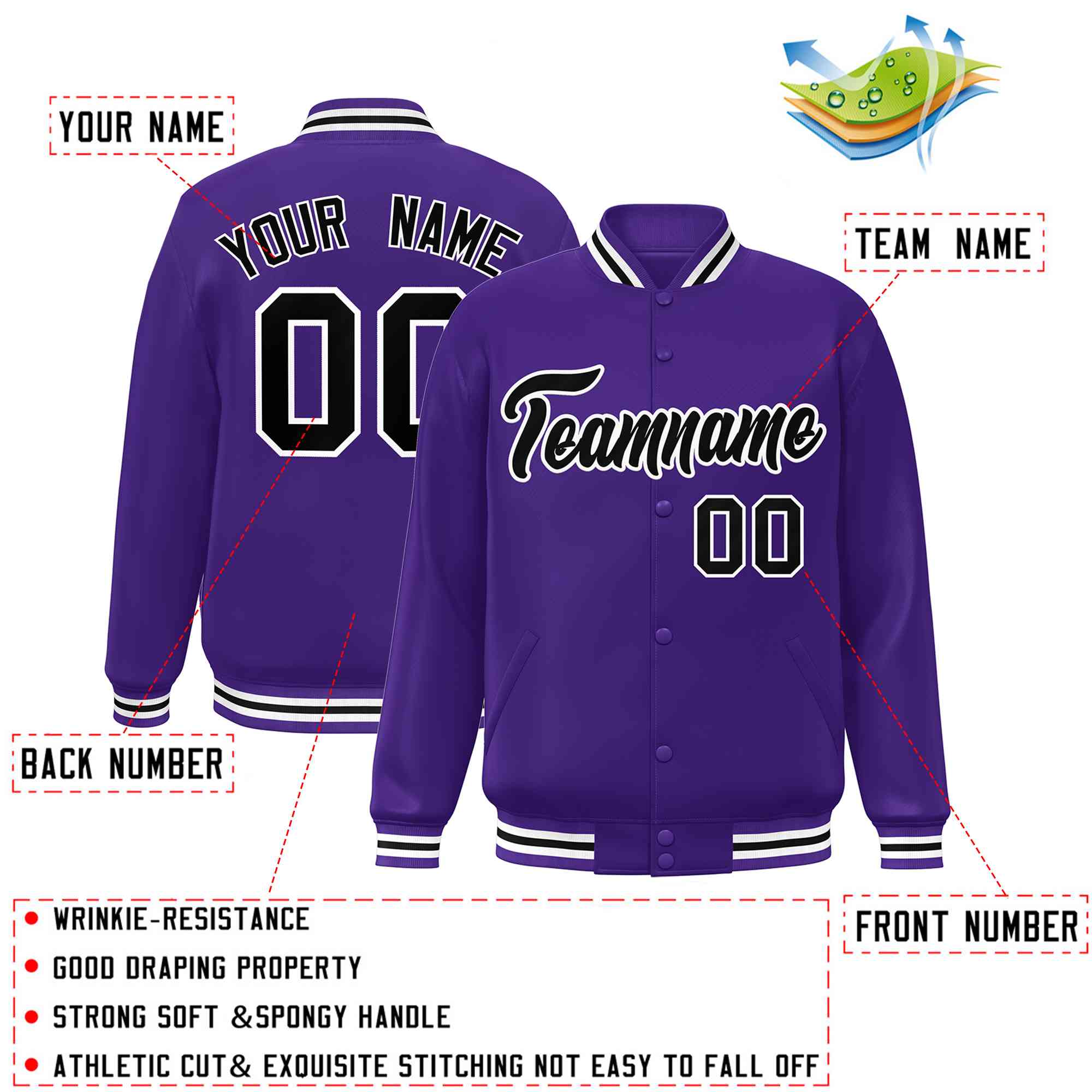 Custom Purple Black-White Classic Style Varsity Full-Snap Letterman Jacket