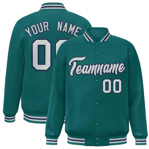 Custom Aqua Gray-Navy Classic Style Varsity Full-Snap Letterman Jacket