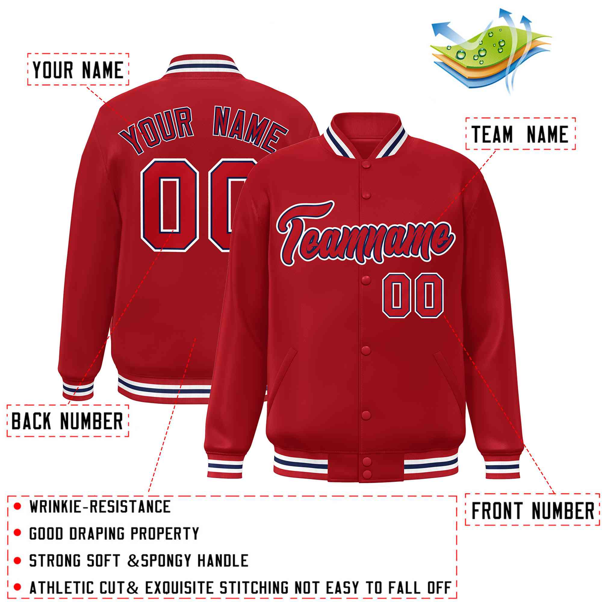 Custom Red Red-Navy Classic Style Varsity Full-Snap Letterman Jacket