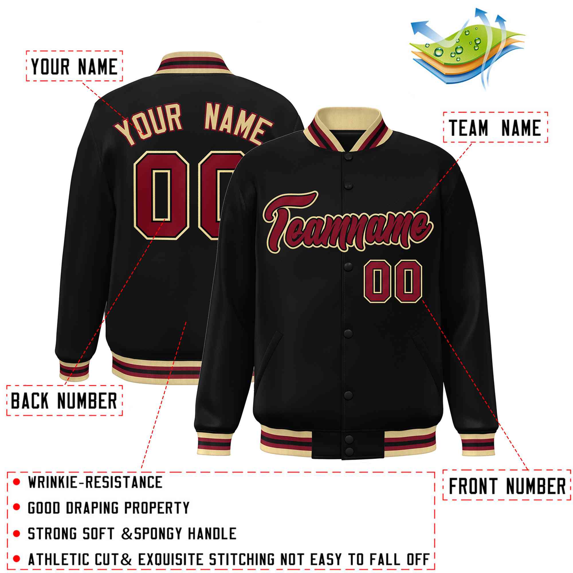 Custom Black Crimson-Black Classic Style Varsity Full-Snap Letterman Jacket