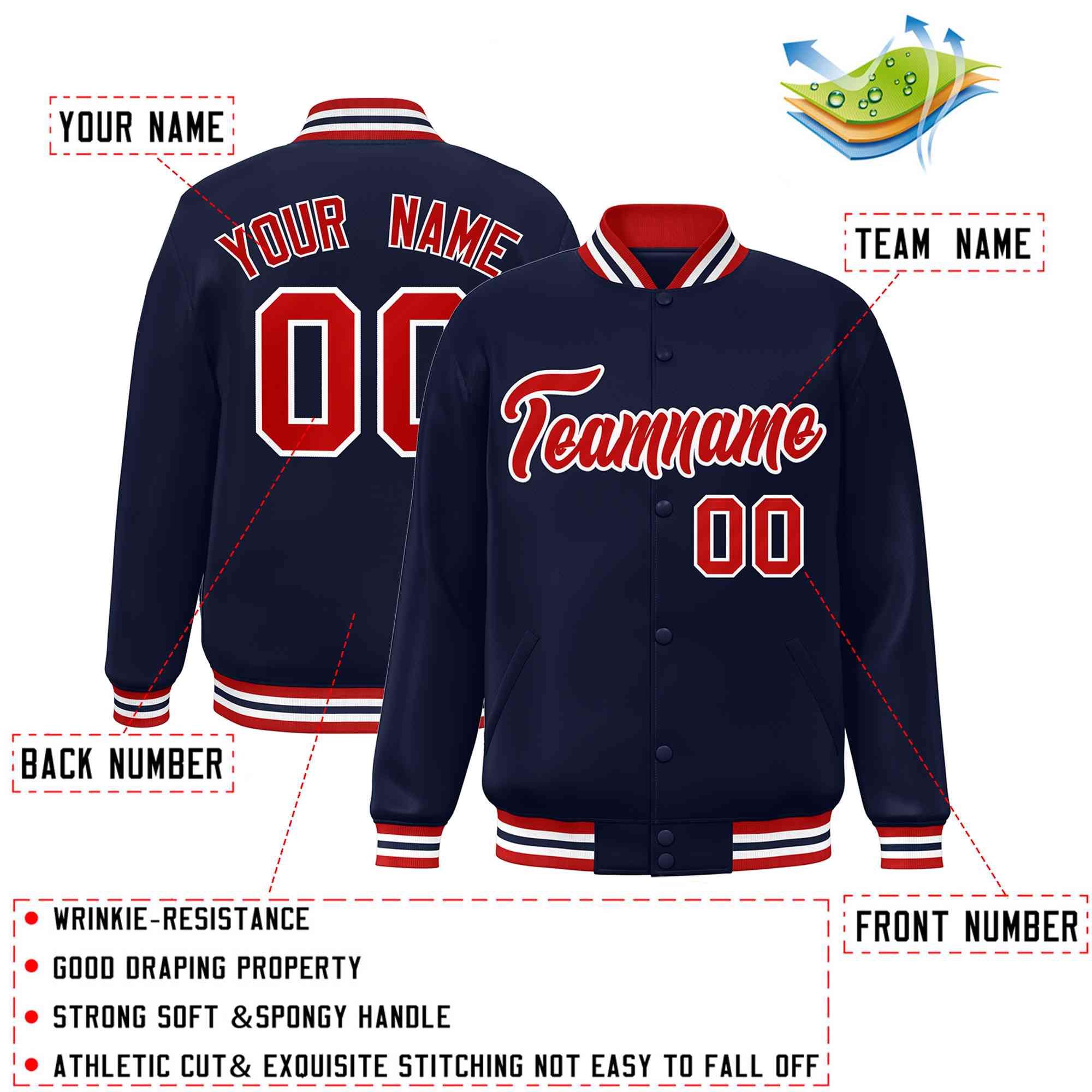 Custom Navy Red-White Classic Style Varsity Full-Snap Letterman Jacket