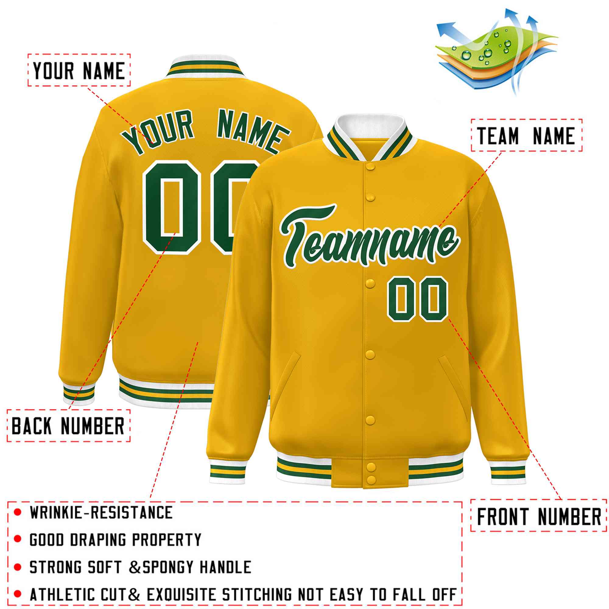 Custom Gold Green-White Classic Style Varsity Full-Snap Letterman Jacket