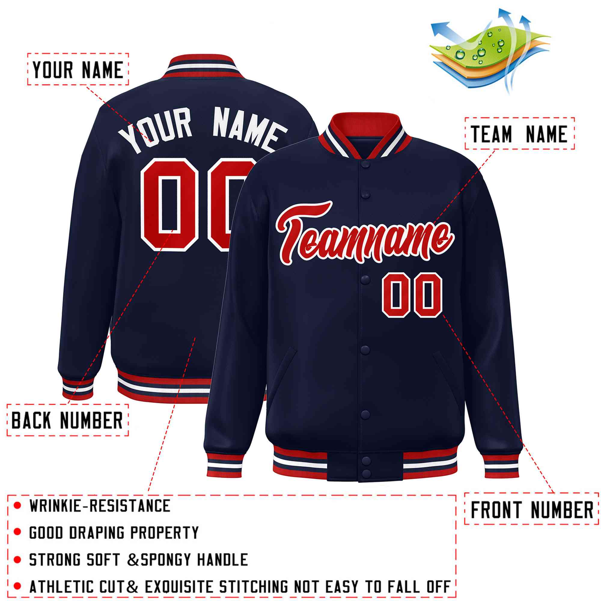 Custom Navy Red-White Classic Style Varsity Full-Snap Letterman Jacket