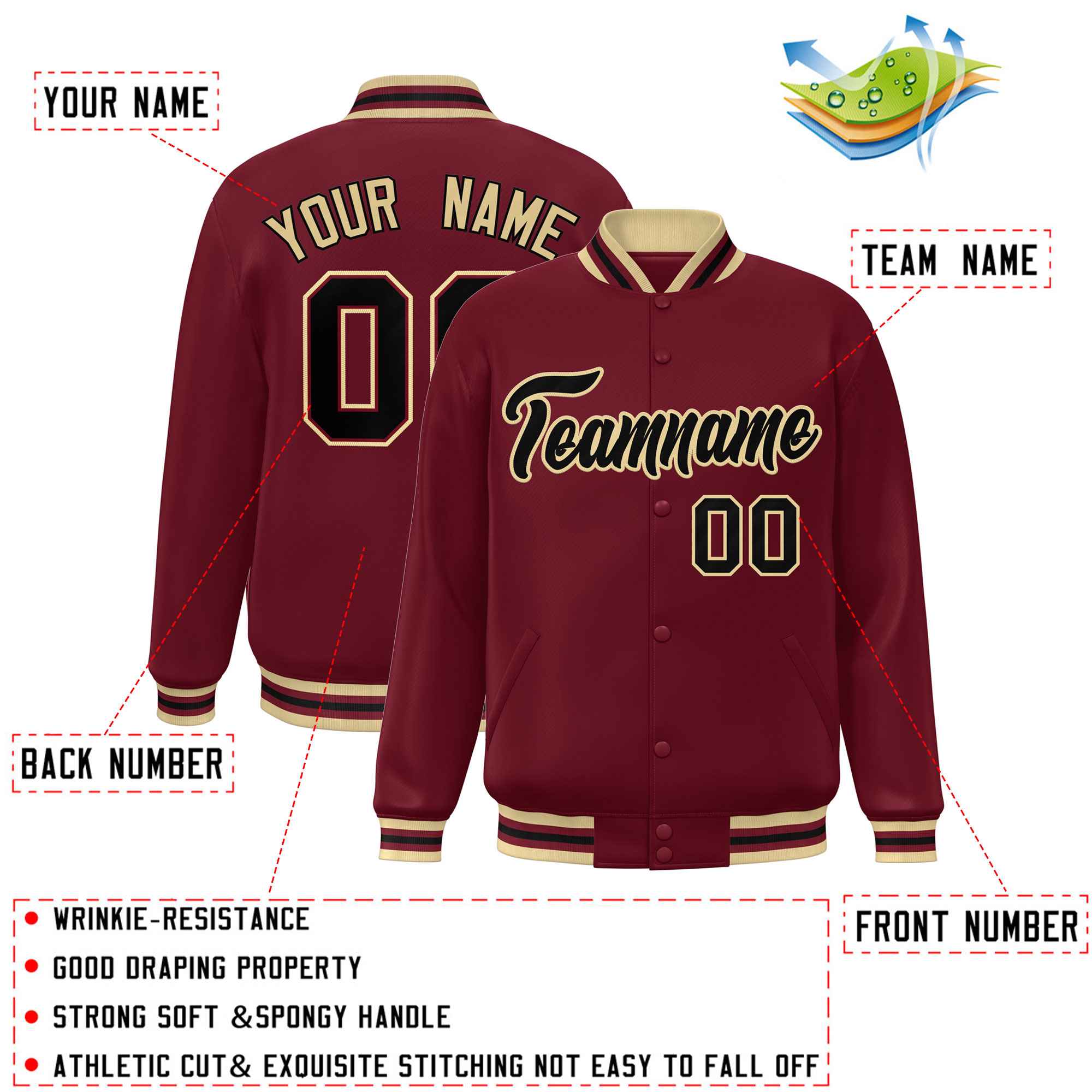 Custom Crimson Khaki-Black Varsity Full-Snap Classic Style Letterman Baseball Jacket