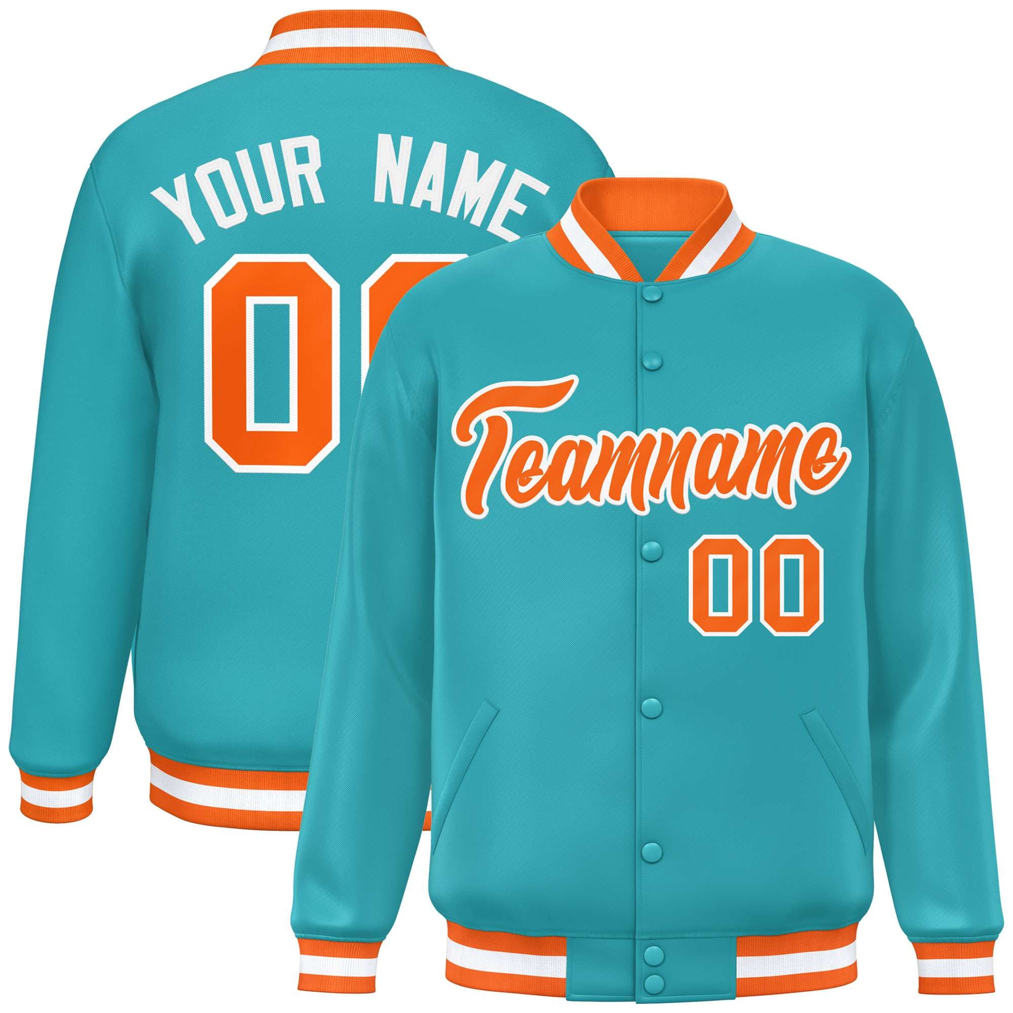 Custom Aqua Orange-White Varsity Full-Snap Classic Style Letterman Baseball Jacket