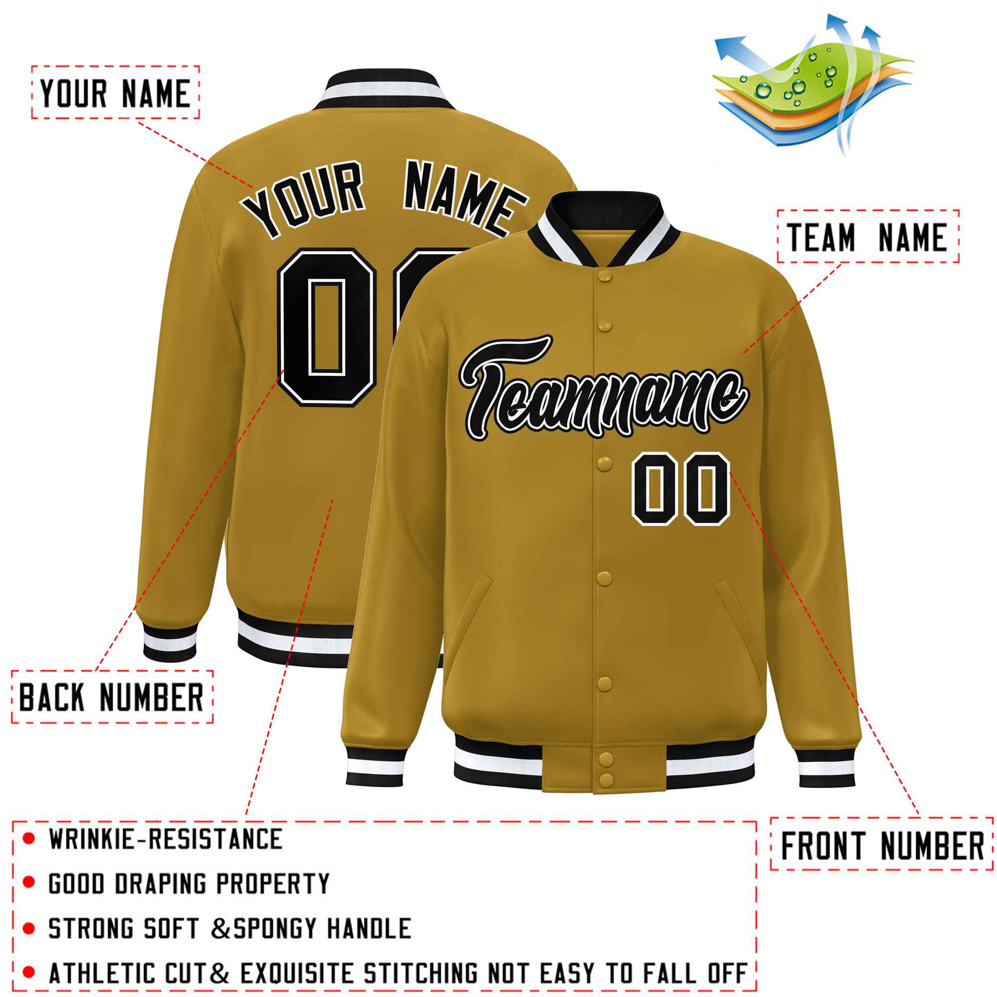 Custom Old Gold Black-White Varsity Full-Snap Classic Style Letterman Baseball Jacket