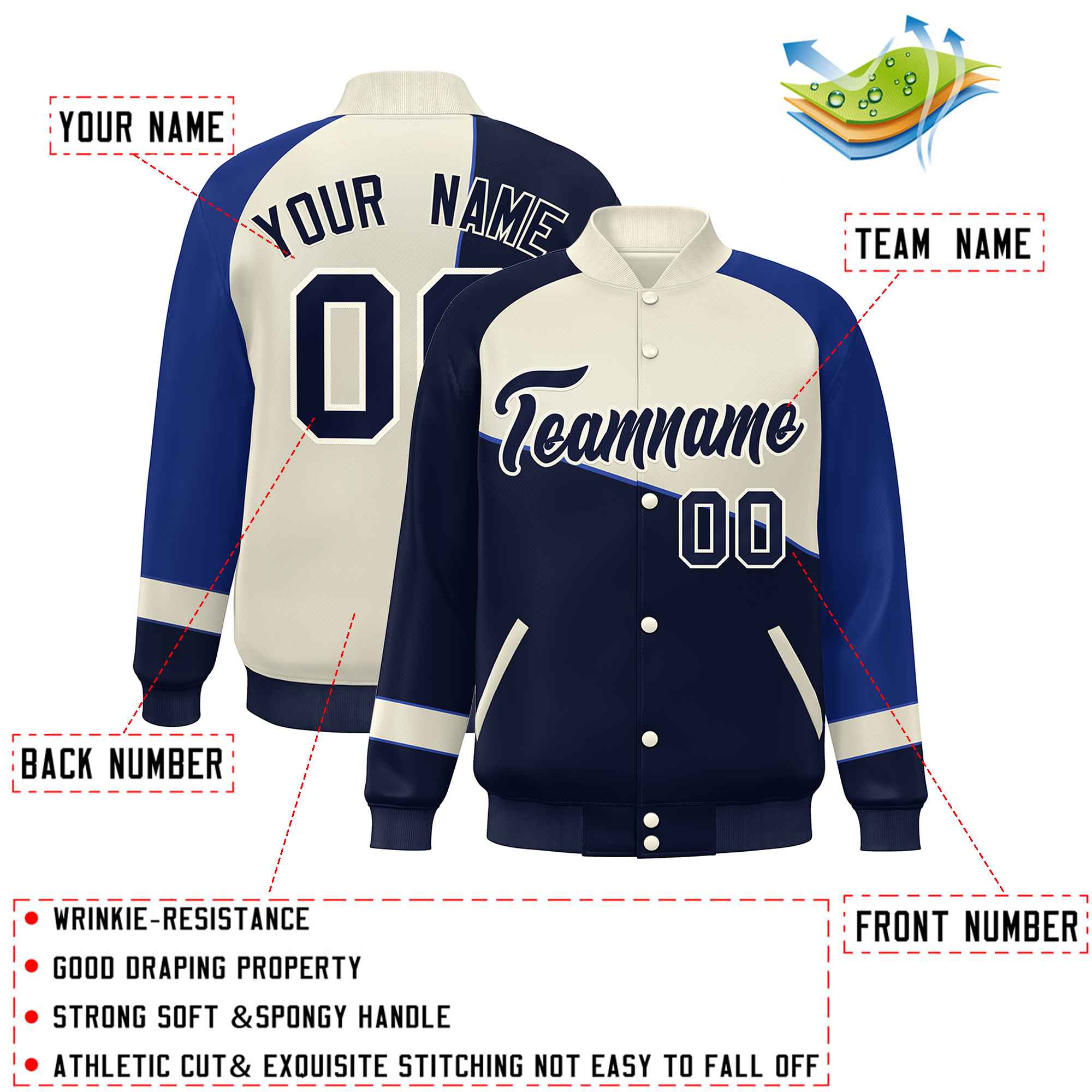 Veste de baseball universitaire à boutons-pression personnalisés Navy White-Royal Color Block