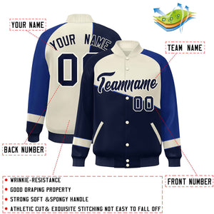 Veste de baseball universitaire à boutons-pression personnalisés Navy White-Royal Color Block