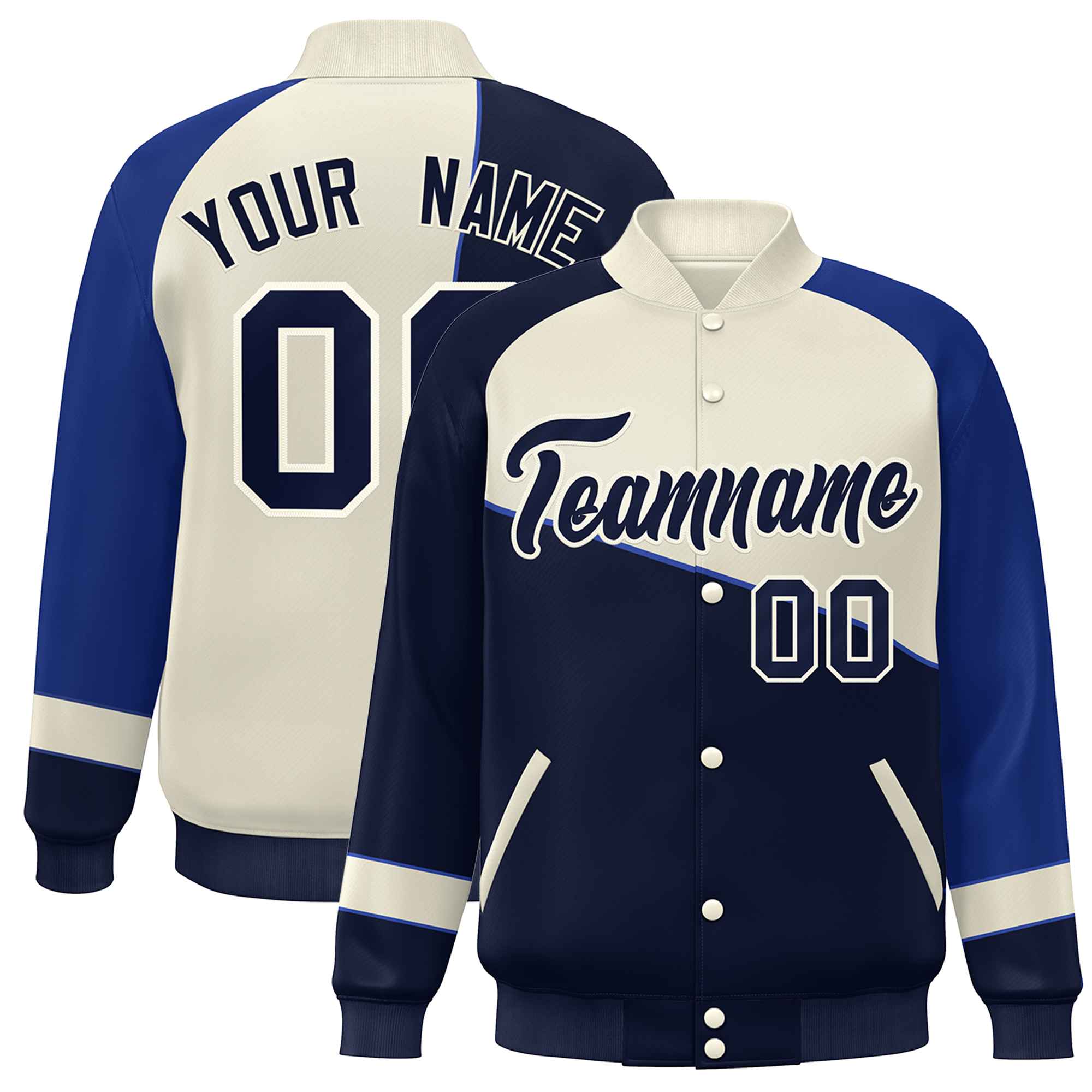 Custom Navy White-Royal Color Block Bomber Varsity Full-Snap Baseball Jacket