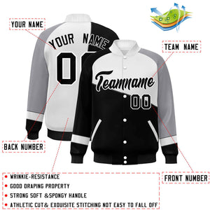 Custom Black White-Gray Color Block Bomber Varsity Full-Snap Baseball Jacket