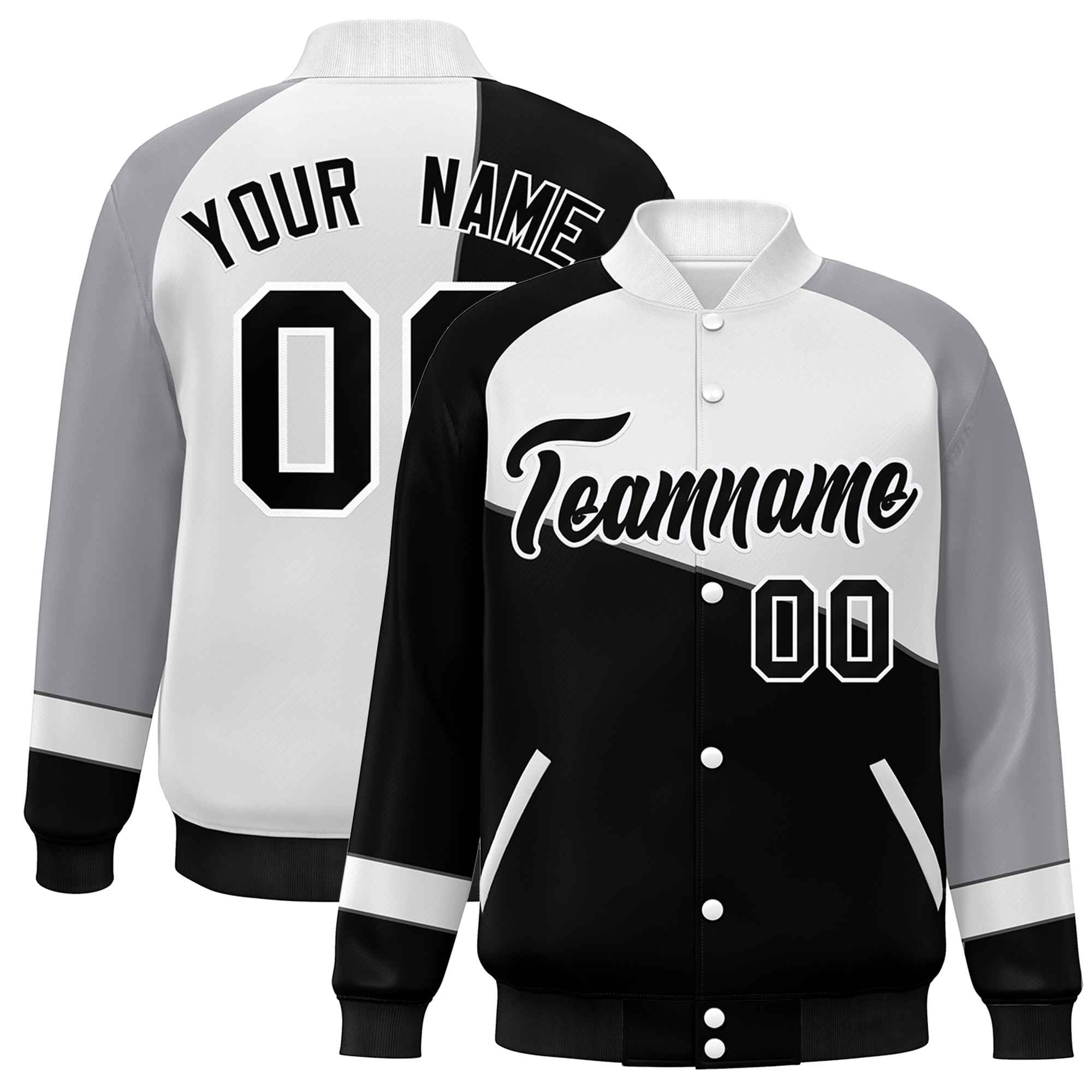 Veste de baseball universitaire à boutons-pression personnalisés noir blanc-gris