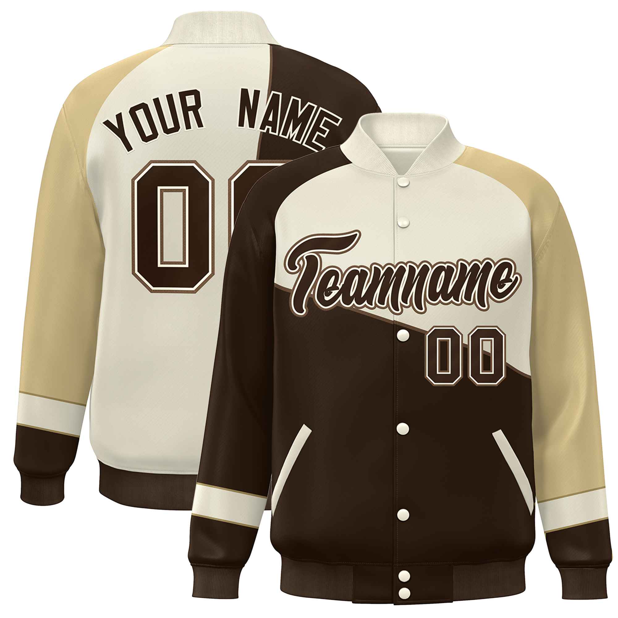 Veste de baseball universitaire à boutons-pression personnalisés marron blanc-kaki