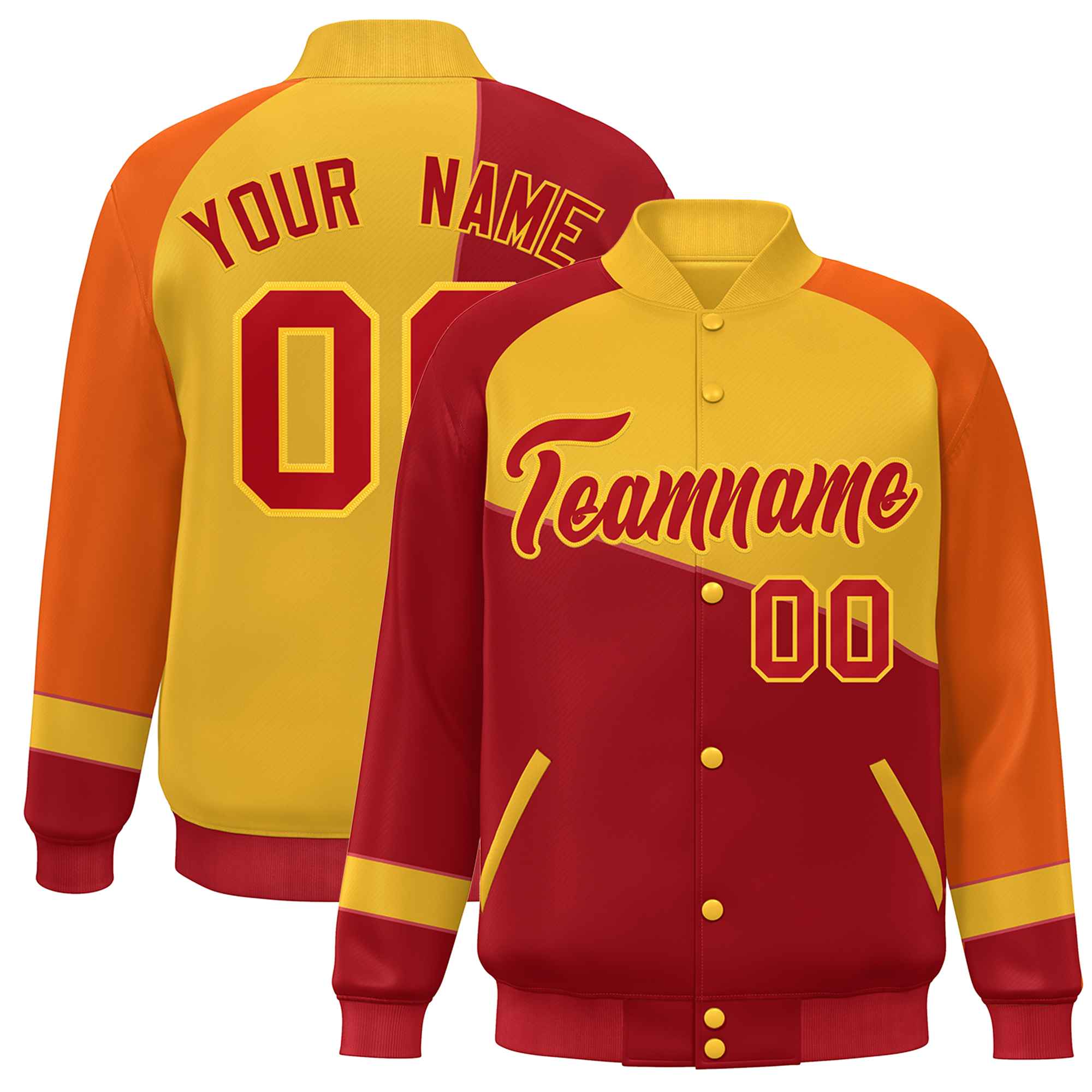 Custom Red Gold-Orange Color Block Bomber Varsity Full-Snap Baseball Jacket