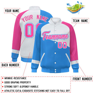 Custom Powder Blue White-Pink Color Block Bomber Varsity Full-Snap Baseball Jacket