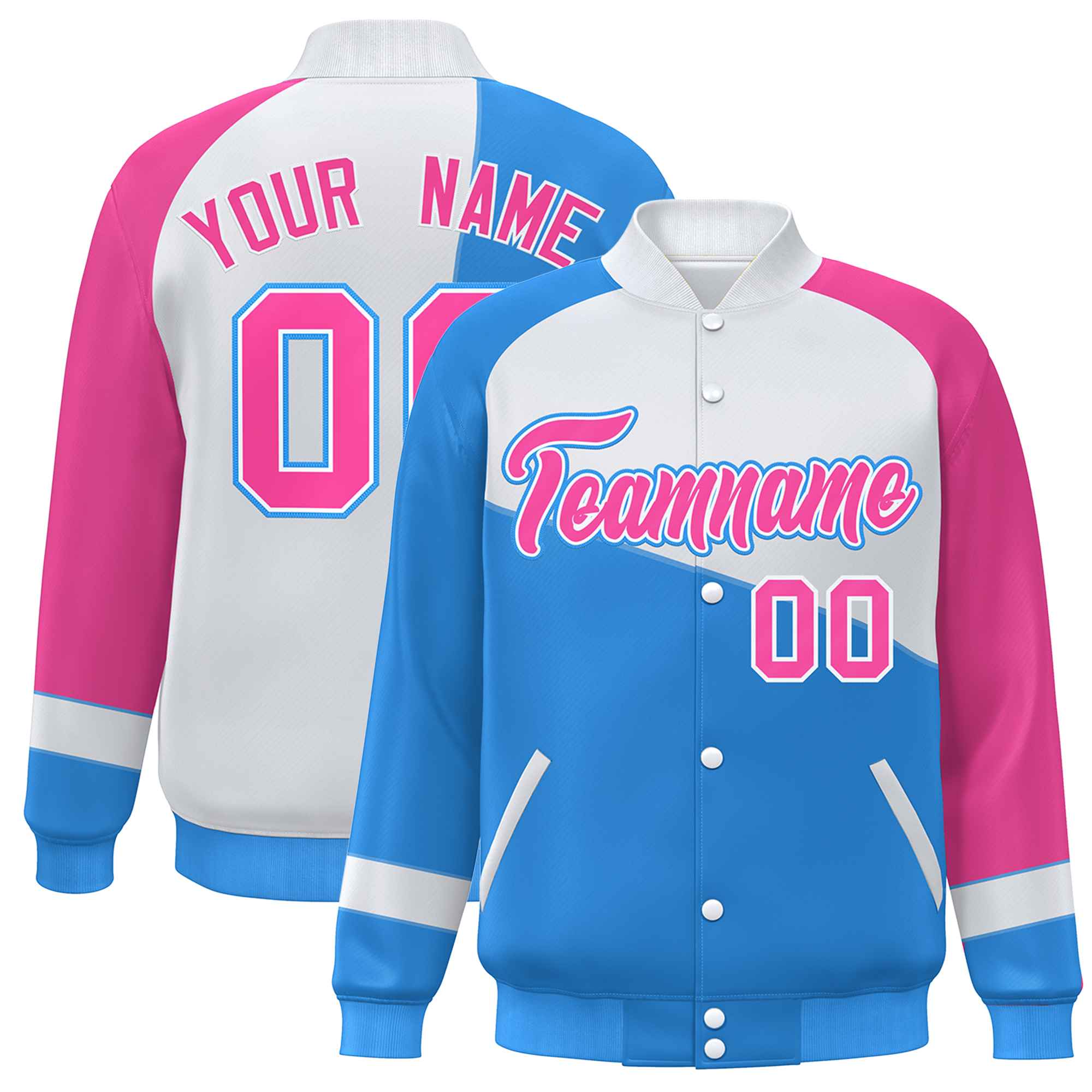 Veste de baseball universitaire à boutons-pression personnalisés bleu poudre blanc-rose