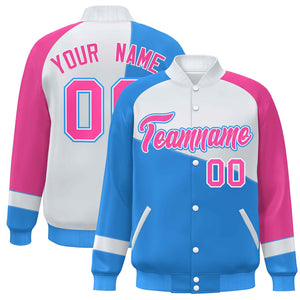 Custom Powder Blue White-Pink Color Block Bomber Varsity Full-Snap Baseball Jacket