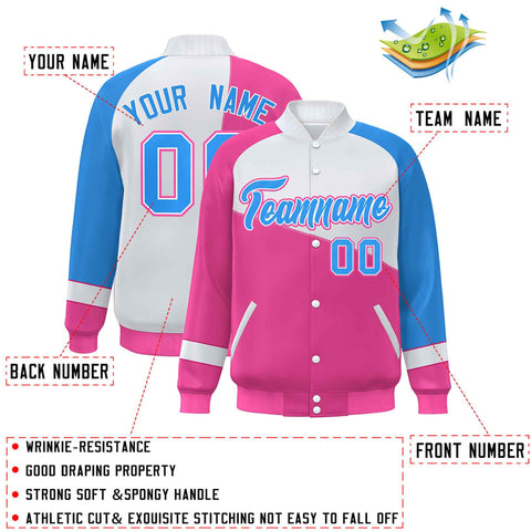 Custom Pink White-Powder Blue Color Block Bomber Varsity Full-Snap Baseball Jacket
