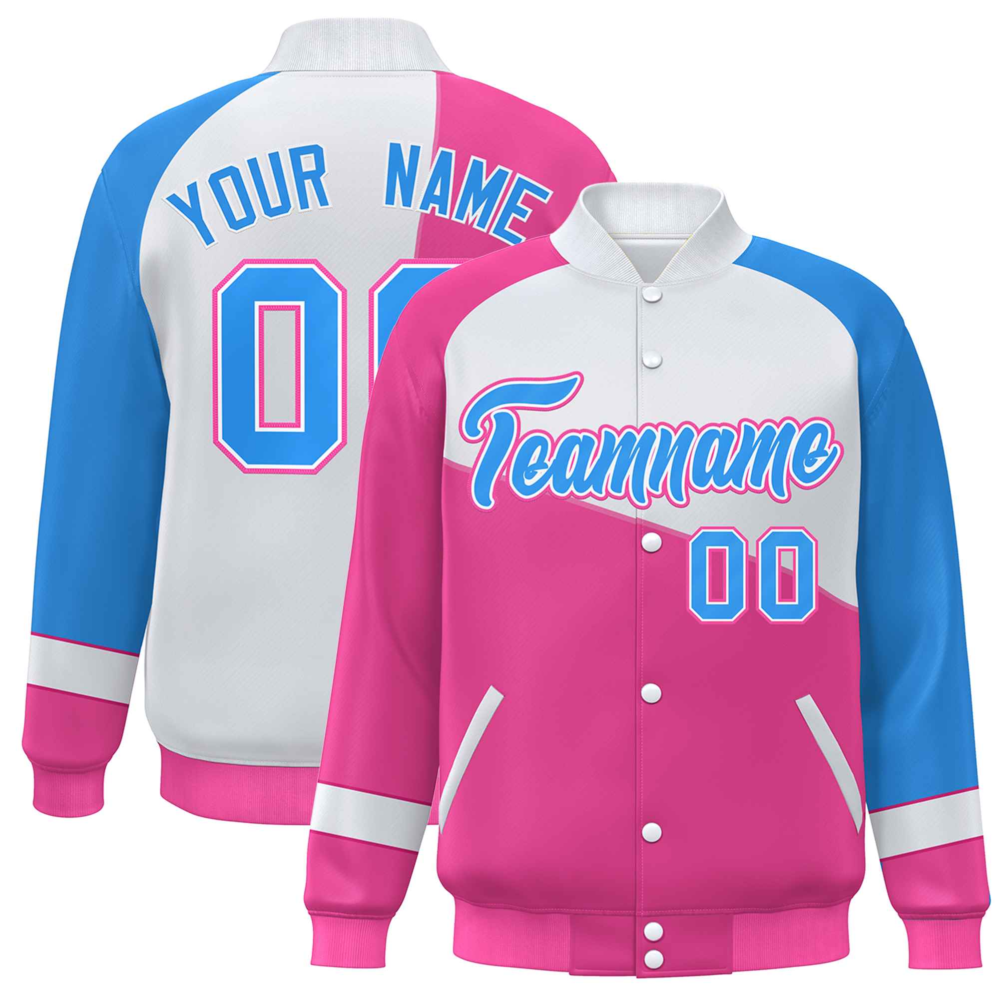 Veste de baseball universitaire à fermeture éclair personnalisée rose blanc-bleu poudre