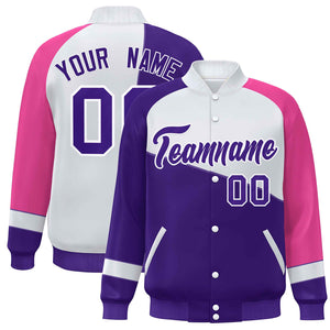 Veste de baseball universitaire à bouton-pression personnalisée violet blanc-rose