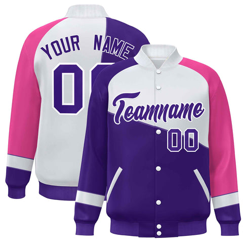 Custom Purple White-Pink Color Block Bomber Varsity Full-Snap Baseball Jacket