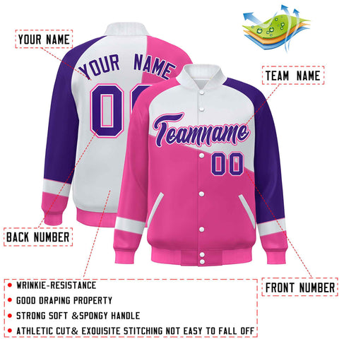Custom Pink White-Purple Color Block Bomber Varsity Full-Snap Baseball Jacket