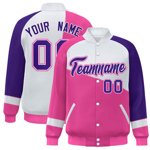 Veste de baseball universitaire à boutons-pression personnalisés rose blanc-violet