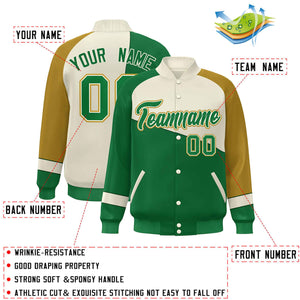 Custom Kelly Green White-Old Gold Color Block Bomber Varsity Full-Snap Baseball Jacket