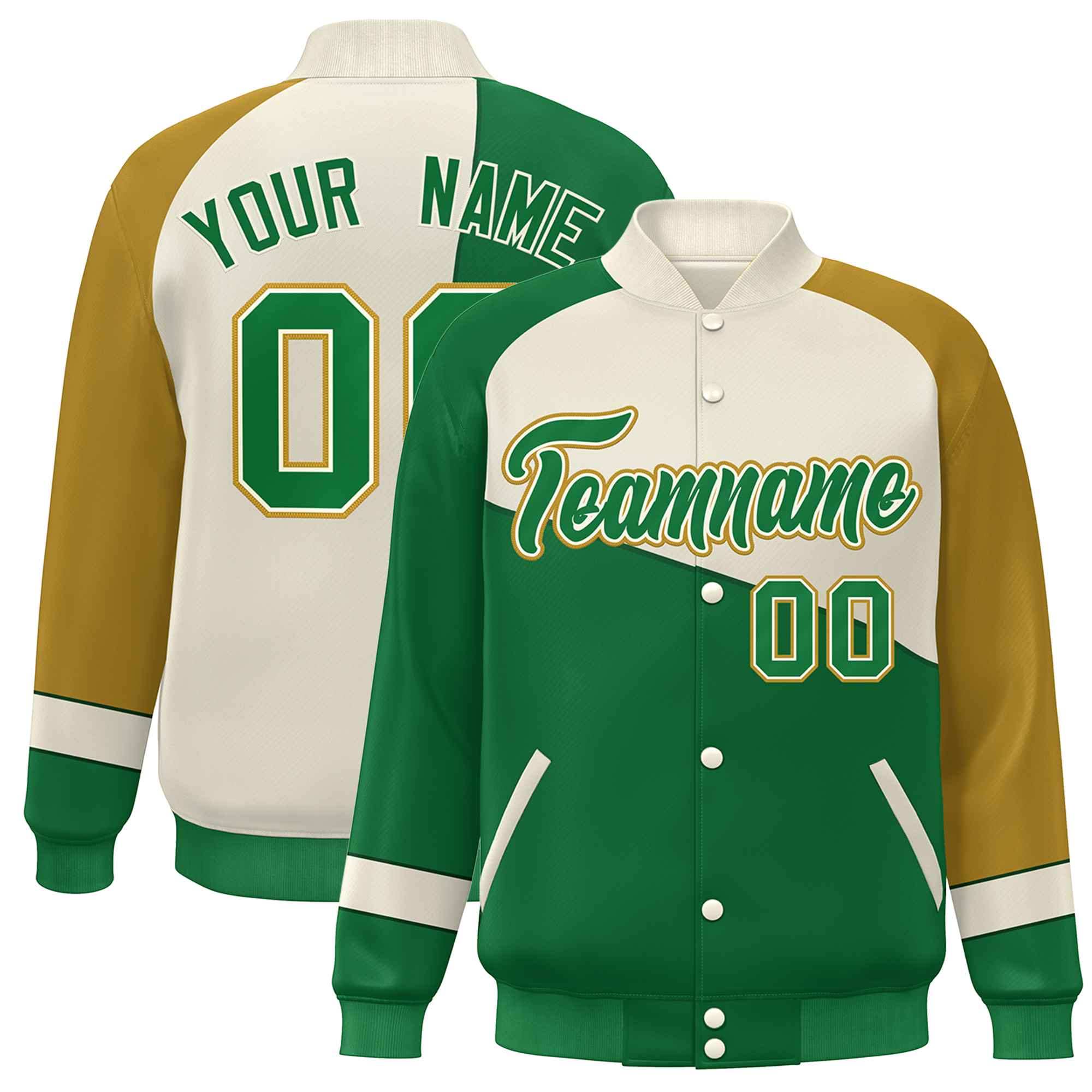 Veste de baseball personnalisée Kelly Green White-Old Gold Color Block Bomber Varsity Full-Snap