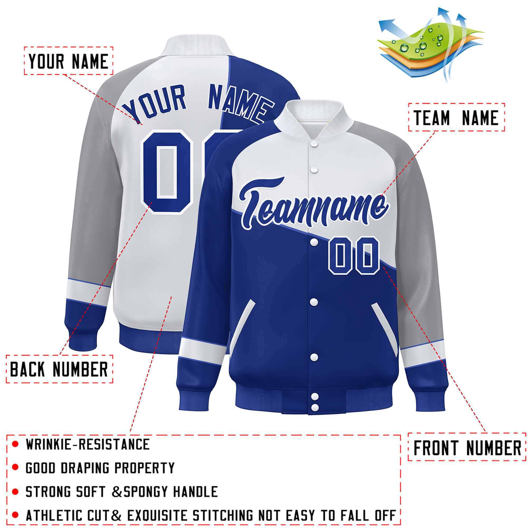 Veste de baseball personnalisée Royal White-Gray Color Block Bomber Varsity Full-Snap