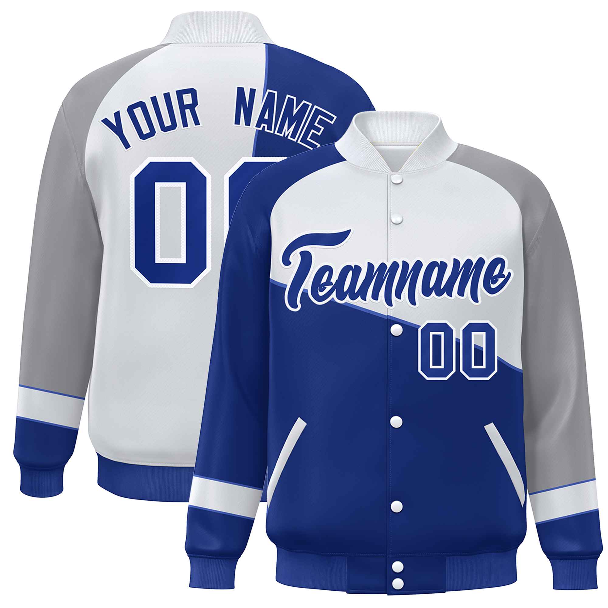 Custom Royal White-Gray Color Block Bomber Varsity Full-Snap Baseball Jacket