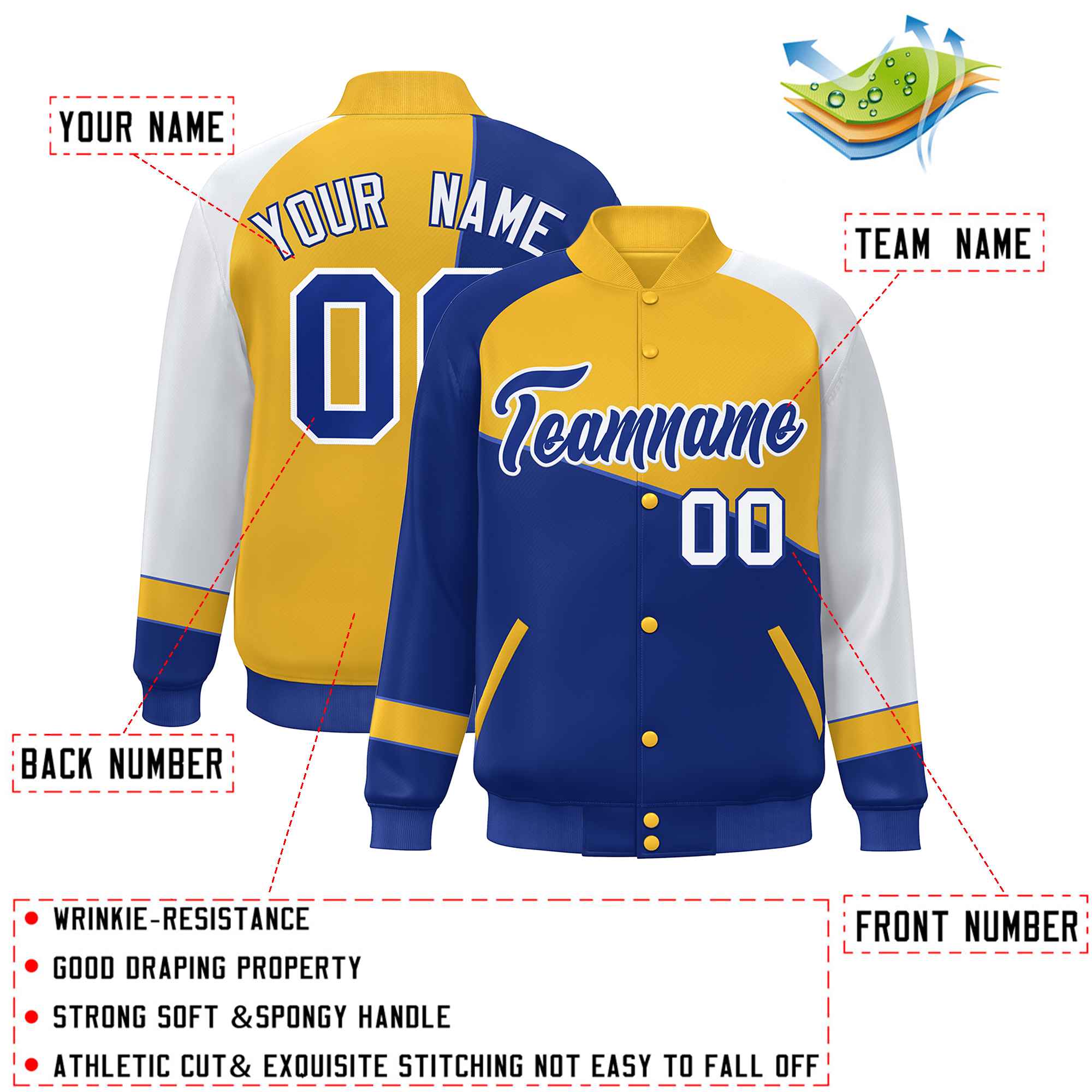 Veste de baseball personnalisée Royal Gold-White Color Block Bomber Varsity Full-Snap