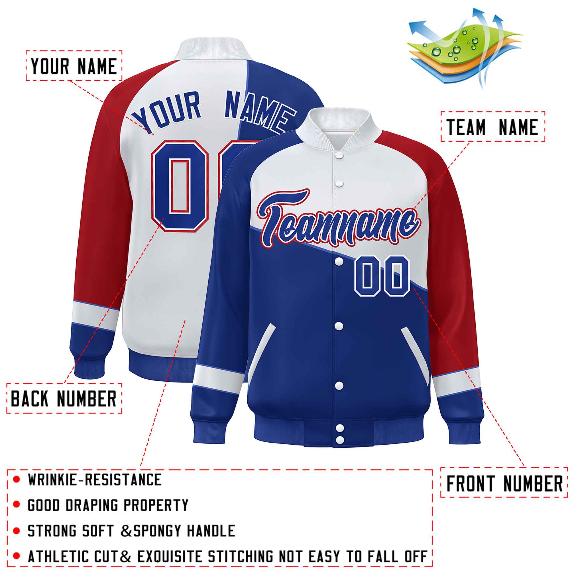 Veste de baseball personnalisée Royal White-Red Color Block Bomber Varsity Full-Snap