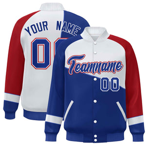 Veste de baseball personnalisée Royal White-Red Color Block Bomber Varsity Full-Snap