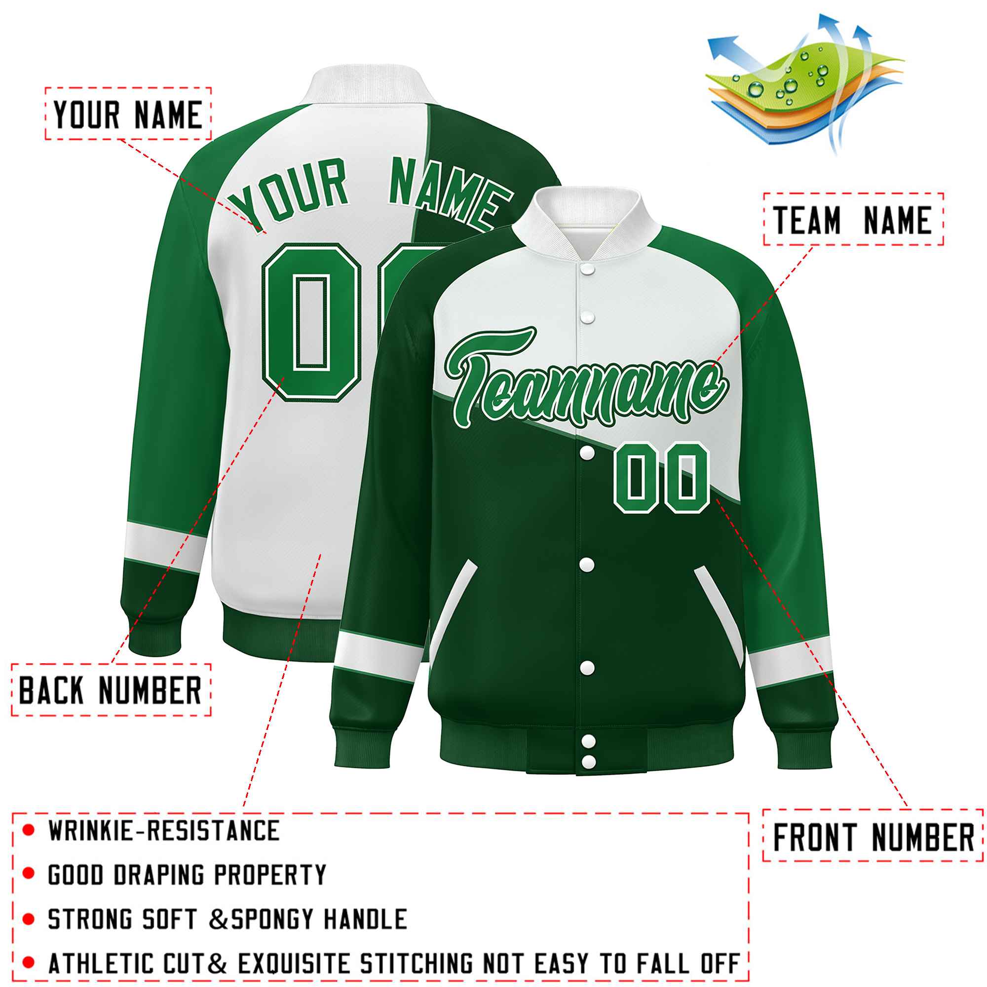 Veste de baseball universitaire à fermeture éclair personnalisée vert blanc-vert Kelly