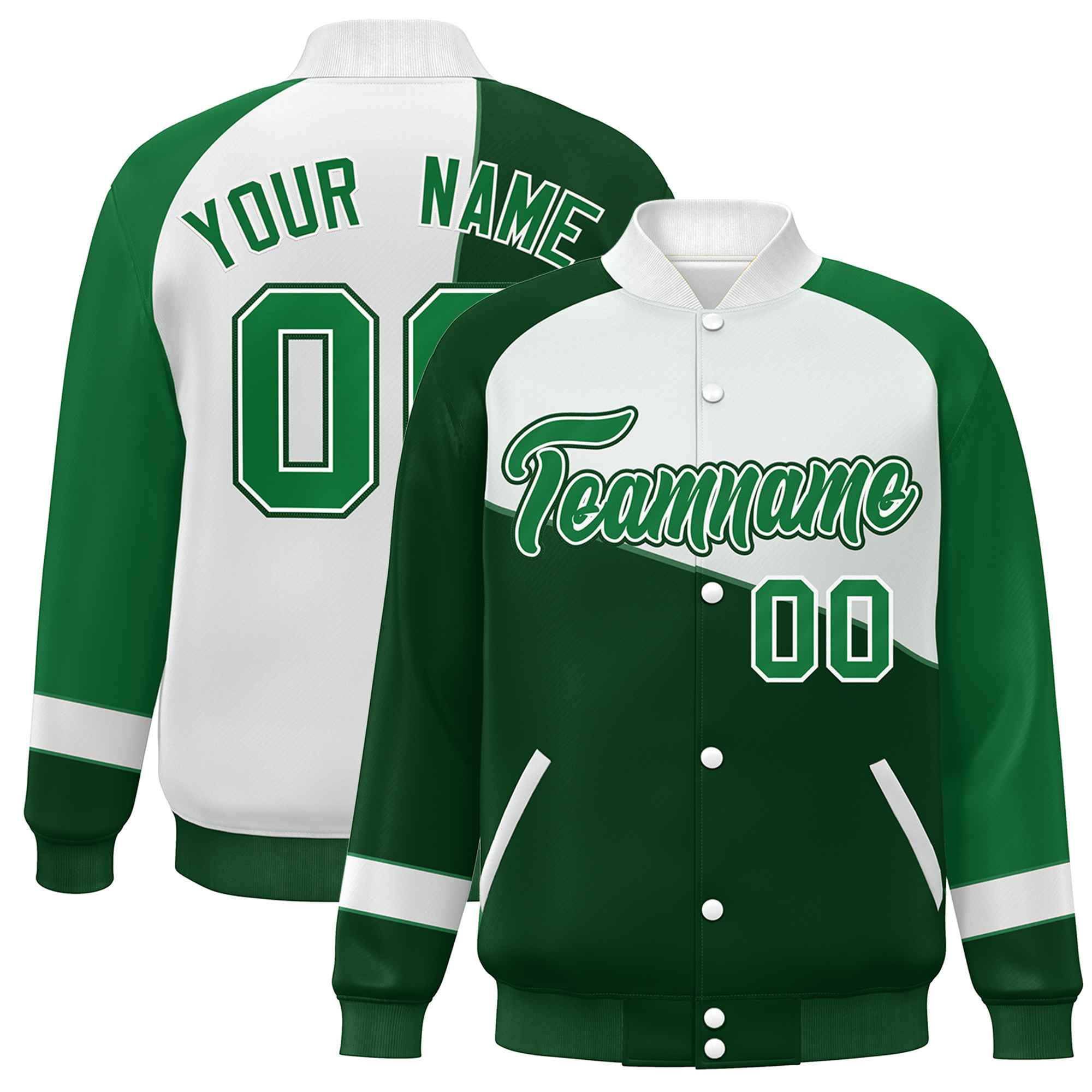 Veste de baseball universitaire à fermeture éclair personnalisée vert blanc-vert Kelly