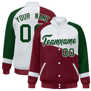 Veste de baseball universitaire à boutons-pression personnalisés Crimson Blanc-Vert Color Block