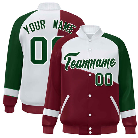 Custom Crimson White-Green Color Block Bomber Varsity Full-Snap Baseball Jacket