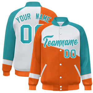 Veste de baseball universitaire à bouton-pression personnalisée orange blanc-aqua color block