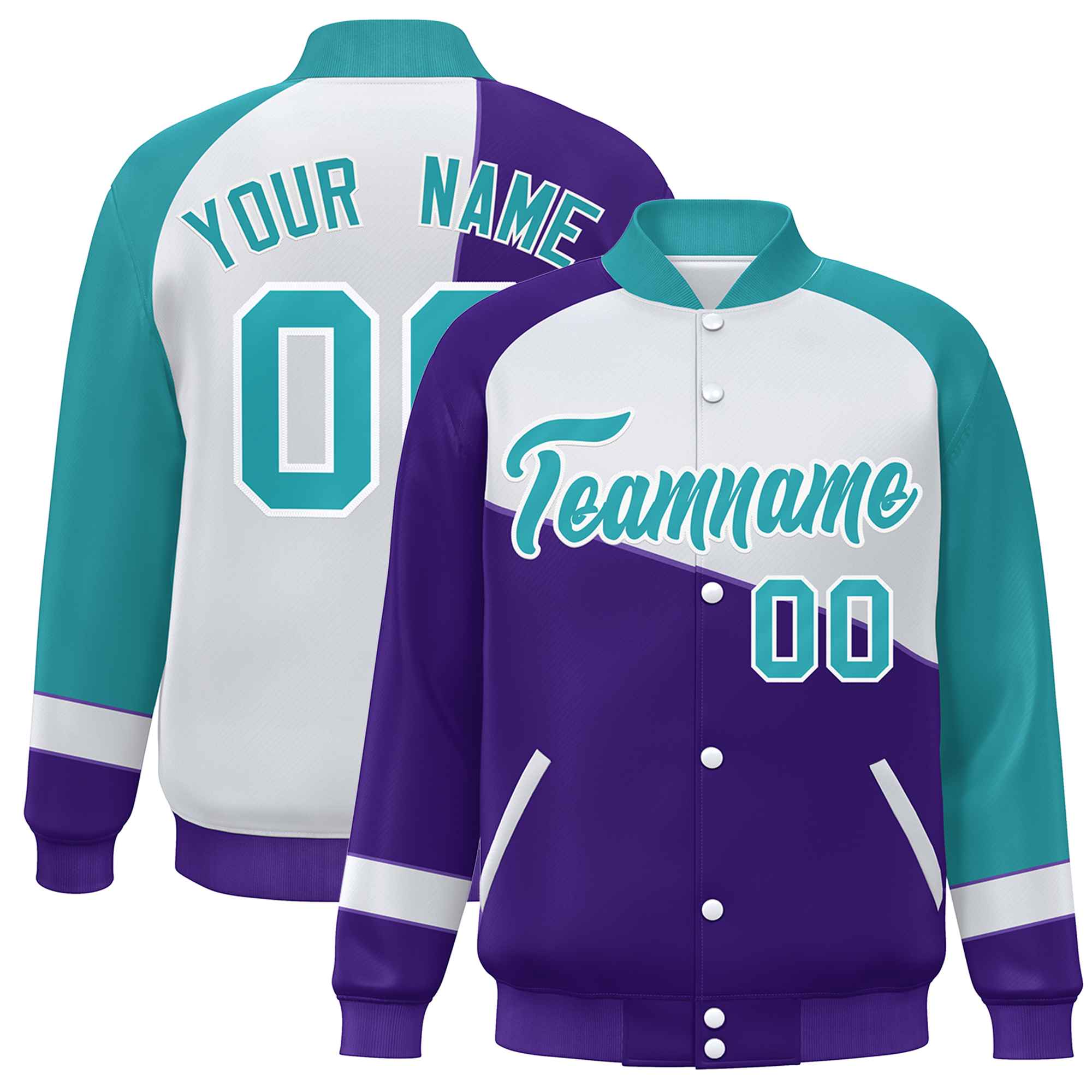 Veste de baseball universitaire à bouton-pression personnalisée violet blanc-aqua color block