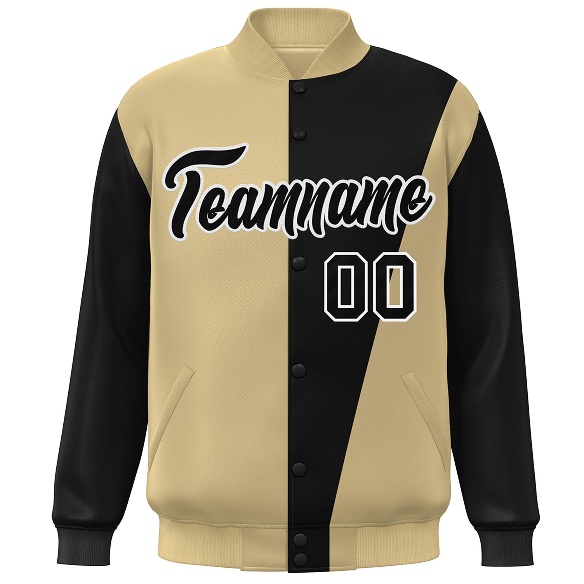 Custom Khaki Black-White Color Block Varsity Full-Snap Bomber Jacket